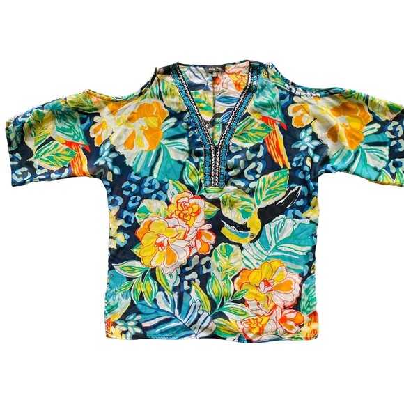 MELISSA PAIGE Top Women’s Blouse Sheer Floral Beaded Cold Shoulder Tunic Medium - Picture 11 of 12